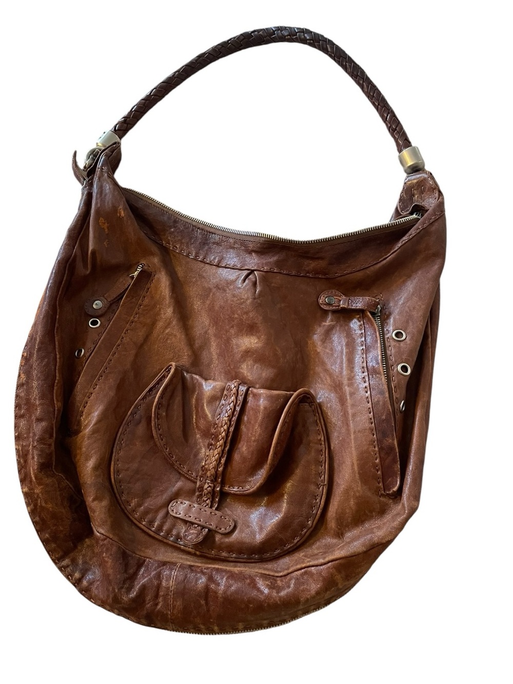 Vintage Carla Mancini Brown Distressed Leather Hobo Bag Expandable Bottom Boho